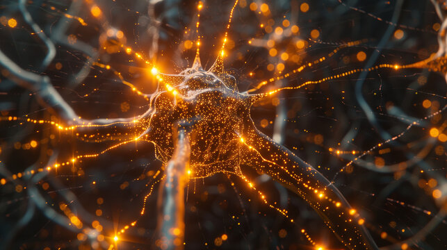 A complex structure of digital neurons glows brightly, forming an interconnected web that mirrors brain-like patterns