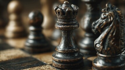 High-resolution shot of polished wooden chess pieces on classic board, focused on king and queen, representing strategy, intellect, and timeless board game traditions.