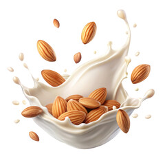 Almonds falling into fresh milk splash on white or transparent background
