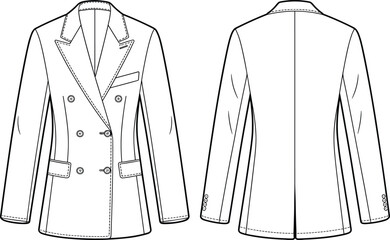 Double-Breasted Blazer Technical Flat Sketch Front and Back View with Notched Lapel, Pockets, Sleeve Buttons and Tailoring Details