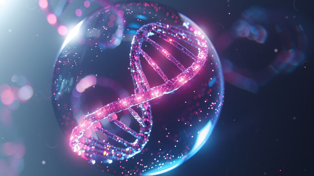A glowing DNA double helix is highlighted with luminous neon light trails, showcasing intricate details