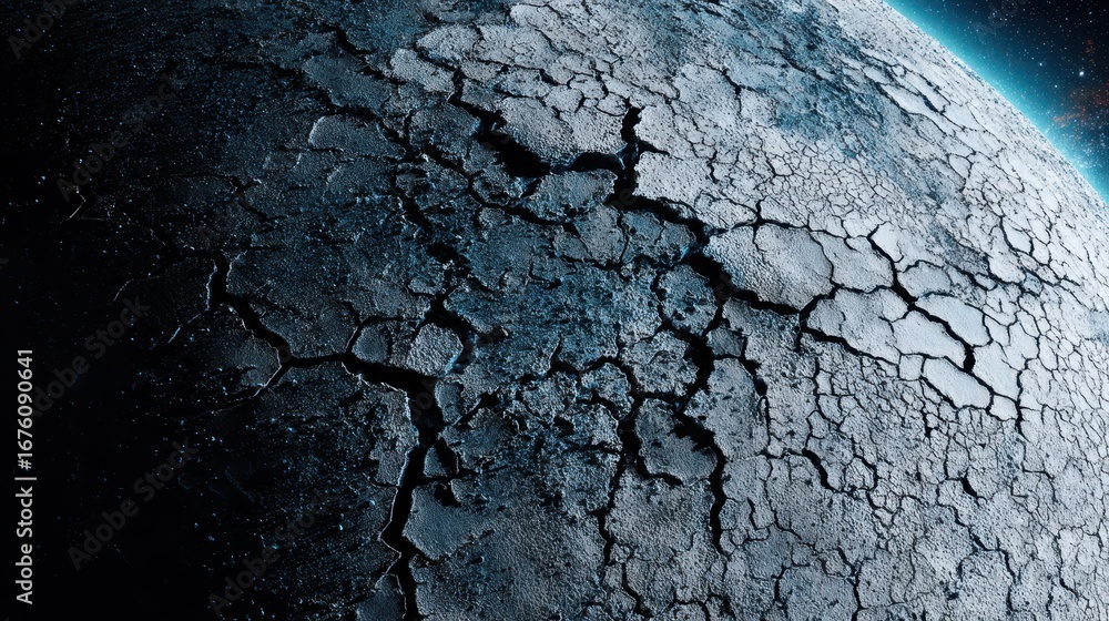Poster cracked surface of a planet in outer space with cosmic background