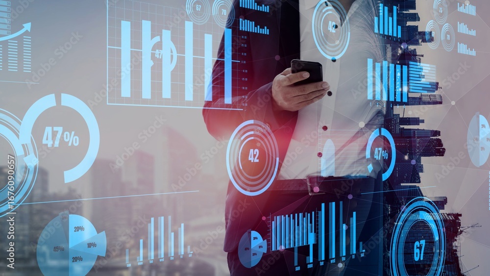 Poster a business professional holds a smartphone while surrounded by digital data visualizations and city 