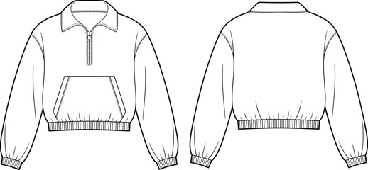 Long sleeve pullover sweatshirt, half zip pointed collar, kangaroo pocket, ribbed cuffs hem, front back technical fashion flat sketch illustration © Ideasy Mind