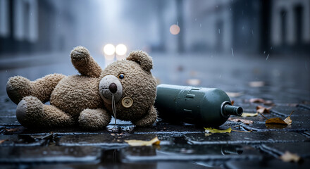 Abandoned Teddy Bear and Weapon on Wet Street Symbolizing Lost Childhood Amidst Conflict