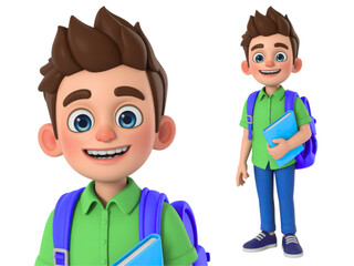 Obraz premium Cheerful cartoon student with bright backpack ready for school adventures and learning on a white background