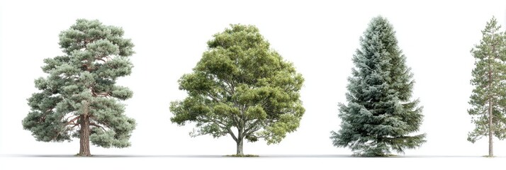 Four diverse trees against a white background