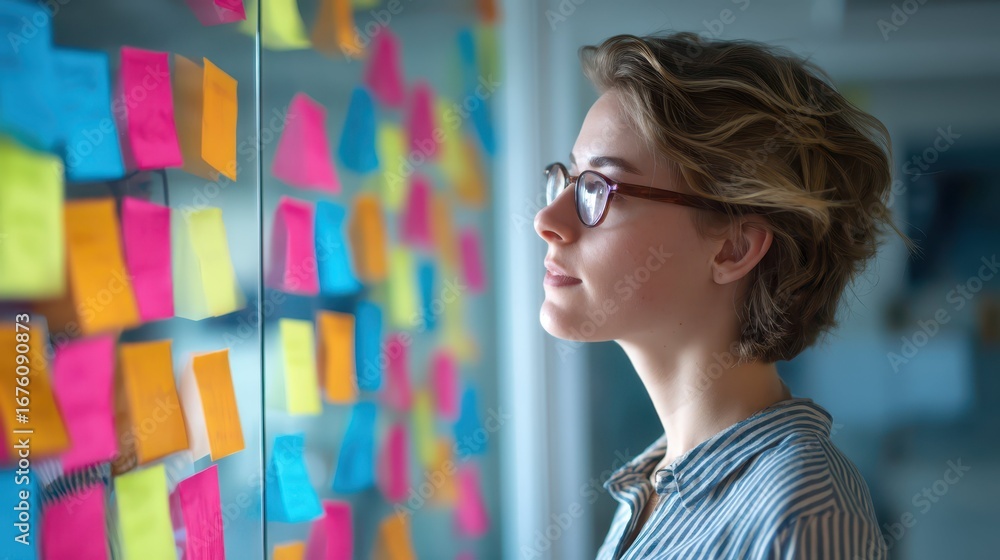 Poster creative brainstorming session with colorful sticky notes