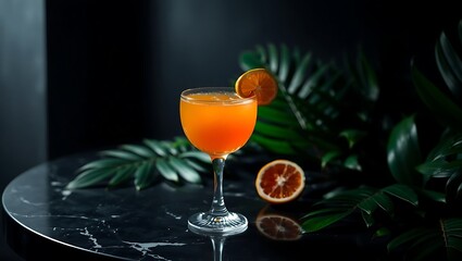 A refreshing orange cocktail in a glass, garnished with a slice of orange and tropical leaves
