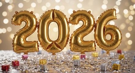 Golden balloons displaying the year 2026 for new year celebration