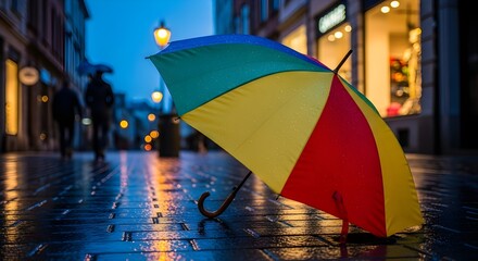 Colorful Umbrella on Wet City Street During Rainy Evening | Urban Landscape with Blurry People Walking in the Rain for Weather Forecasts, Insurance Marketing and Lifestyle Photography