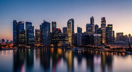 Naklejka premium Singapore City Skyline at Dusk with Reflections.