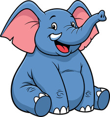 Cartoon blue elephant sitting with trunk raised, smiling cute animal character illustration for children’s books, jungle wildlife, and educational designs