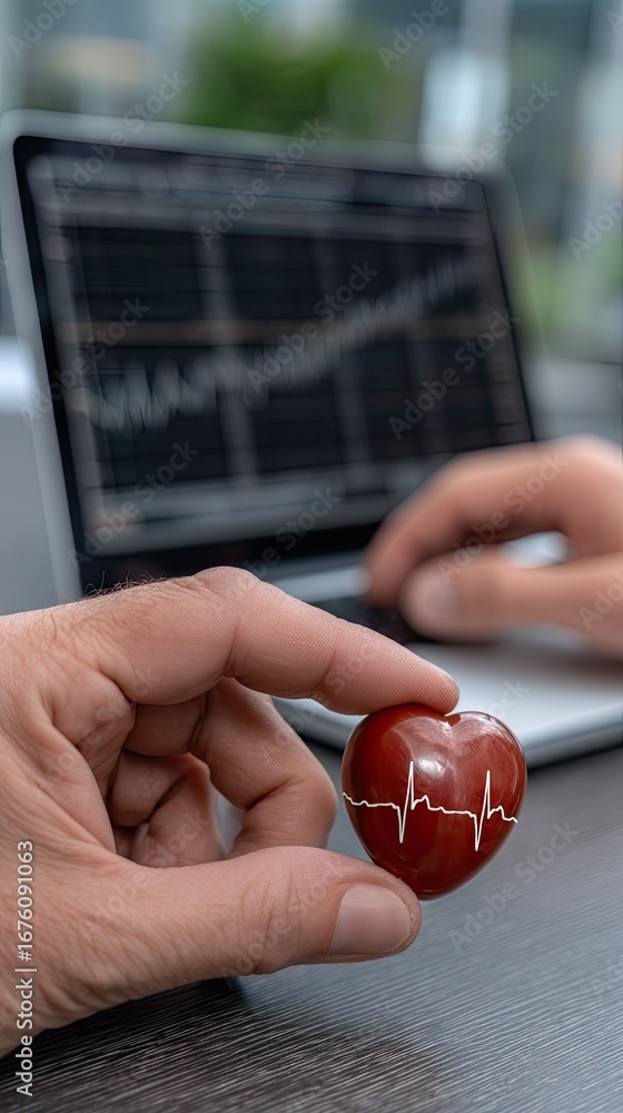 Poster holding a heart-shaped object while analyzing data on a laptop, symbolizing health and technology in