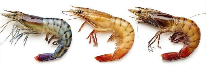 Three whole shrimp, various colors, displayed against a white background