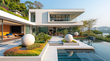 Modern luxury villa with pool and landscaped garden, contemporary architecture design