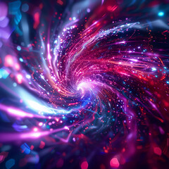 A vibrant, swirling pattern of luminous particles creates a quantum wave effect, showcasing a dynamic interaction of energy in a cosmic setting filled with bright colors and motion