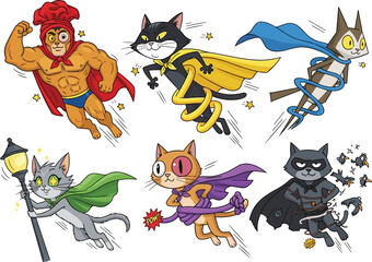 PrintFunny superhero cats and muscular hero character in dynamic comic poses, colorful animal costumes, cartoon vector illustration with action theme