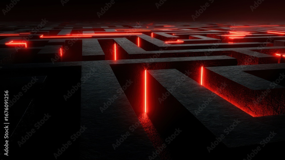 Poster dark maze with glowing red lines in a futuristic setting