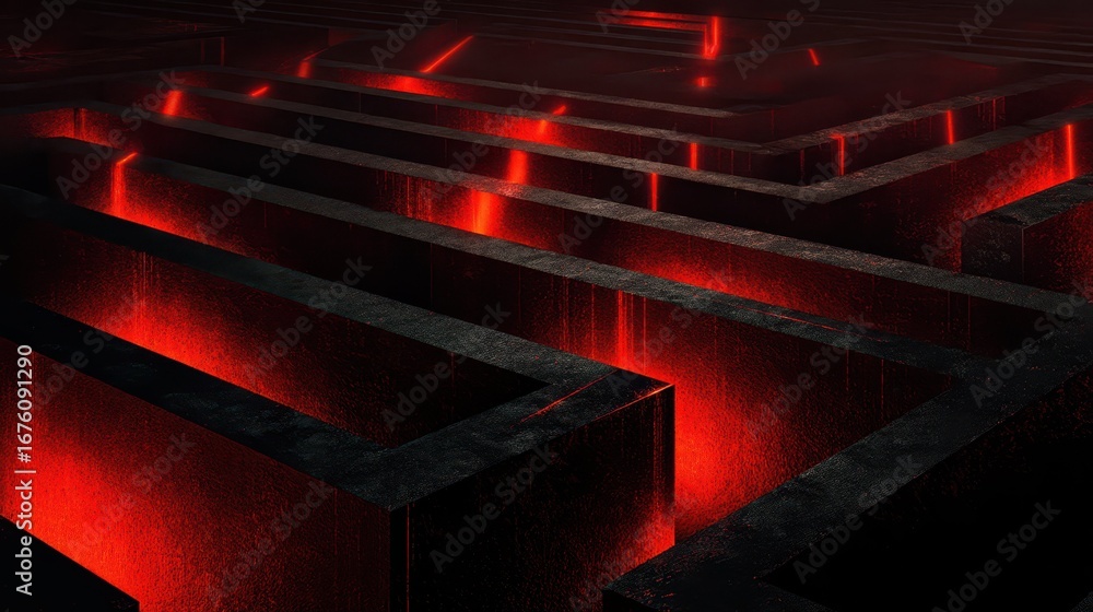 Poster dark maze with glowing red lines in a mysterious environment