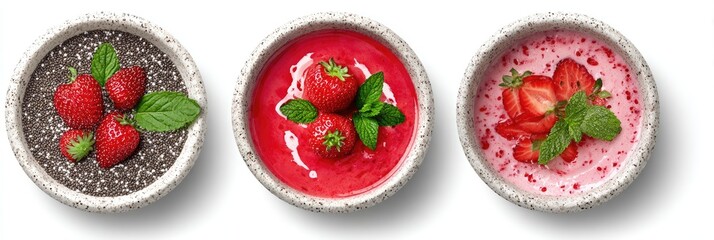 Three small bowls of strawberry treats, one with chia seeds, one with smooth puree, and one with sliced strawberries