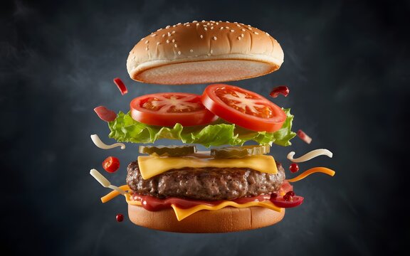 Exploded view of hamburger with fresh ingredients suspended in air over dark background styled for food presentation - Powered by Adobe