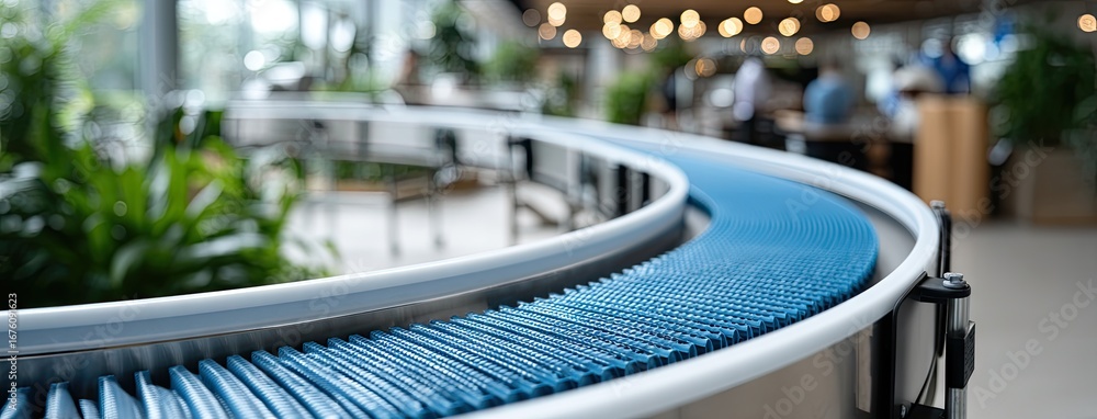 Poster conveyor belt transporting items in a modern workspace with greenery and soft lighting during daytim