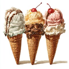 Three ice cream cones, close-up view