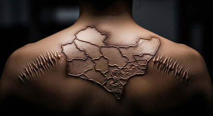 Scarred Map of a Region on Human Back with Trauma Marks, Symbolizing Identity, History, and Burden