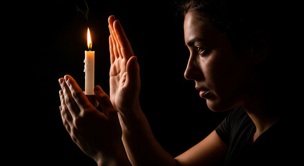 Woman holding a lit candle, shielding its flame in the dark, a symbol of hope, prayer, or quiet contemplation.