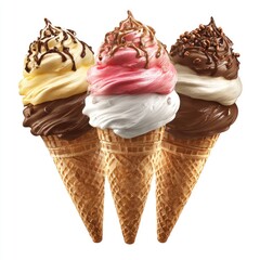 Three ice cream cones, showcasing various flavors and toppings, against a pure white background