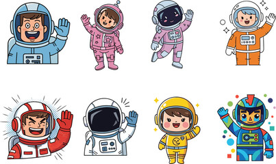 Cartoon Astronaut Characters in Colorful Space Suits, Vector Set of Happy Kids and Adults in Spacesuits, Fun Space Exploration Illustration