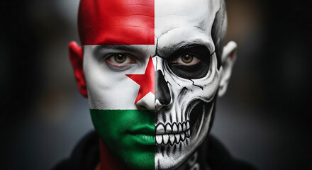 Split Face Portrait: Man with Red, White, Green Flag Colors & Star, and Skull Paint, Symbolizing Duality & Conflict