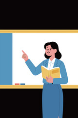 A smiling female teacher pointing at a whiteboard and holding a book. Education, learning, and school concept.