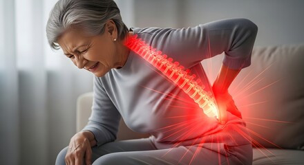 Elderly woman suffering from back pain, spinal column with arthritis, disc damage and chronic back pain designed for clinical scienc