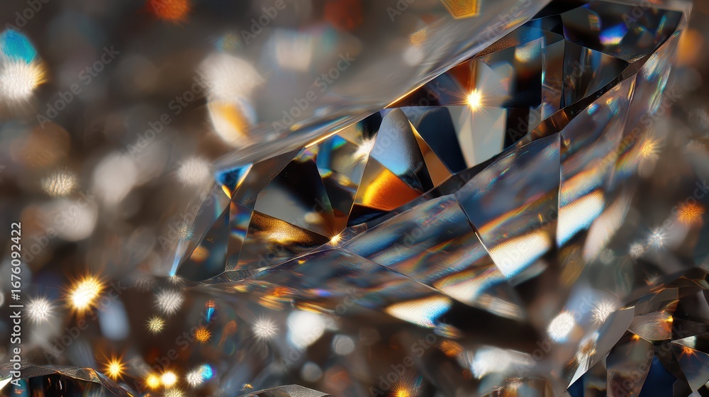 Poster macro view of a diamond surface with glittering background effects