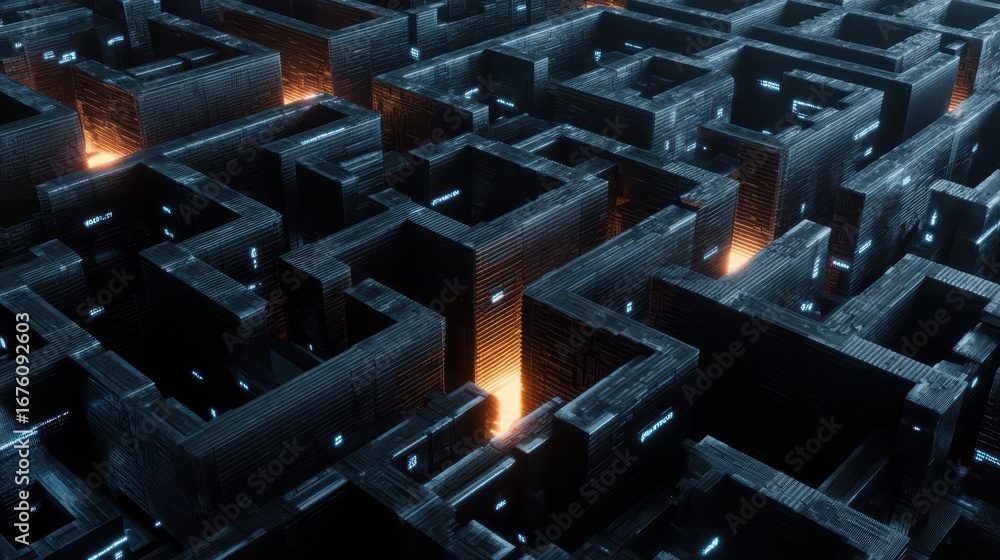 Poster digital cyberpunk maze with code walls and light effects