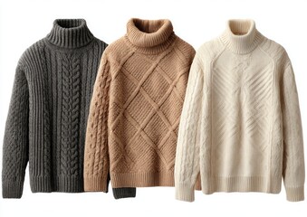 Three turtleneck sweaters in various neutral colors