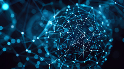 A glowing sphere composed of intricate digital networks shines with vibrant blue light, representing the futuristic concept of blockchain technology in a high-tech environment