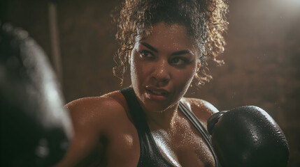 Focused female boxer with curly hair wearing boxing gloves in a dimly lit gym intensely training for a fight