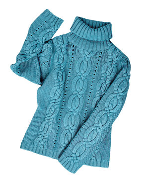 Blue knitted sweater isolated on white, winter knitted clothes.Female woolen cashmere apparel,clothing.
