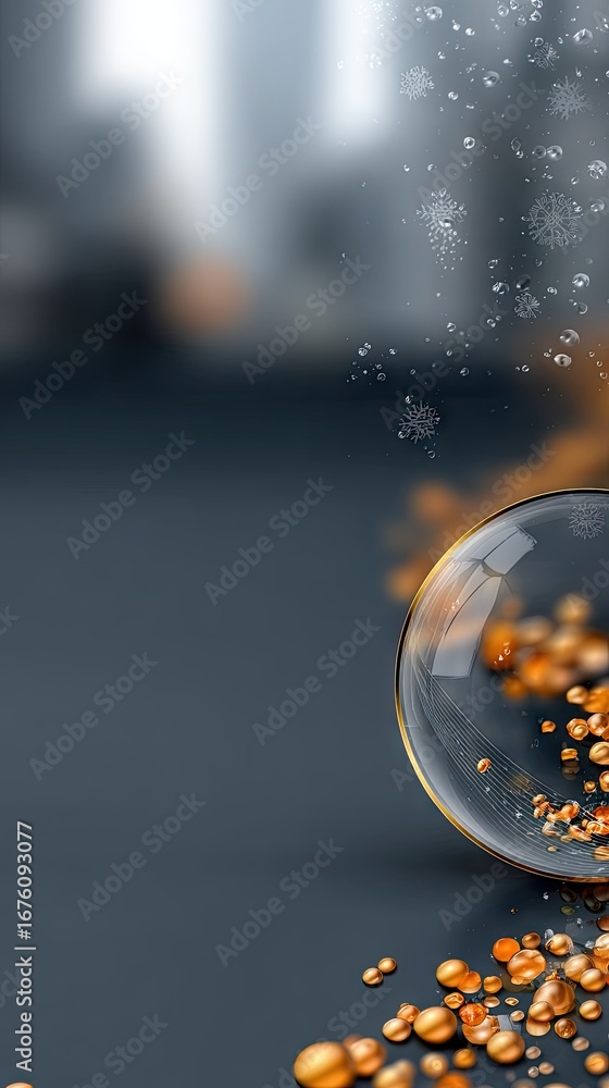 Poster spheres of golden bubbles float above a smooth dark surface in an elegant mix of light and shadow, c
