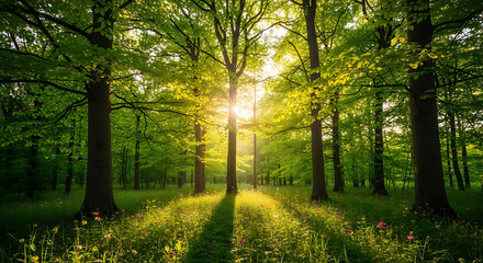 Obraz premium Sunlight shining through trees in a lush forest with flowers and green grass in a tranquil scene view ai generated