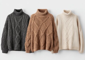 Three turtleneck cable-knit sweaters in varying shades