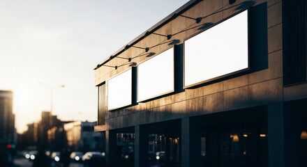 Modern building facade with three blank white billboards at sunset.