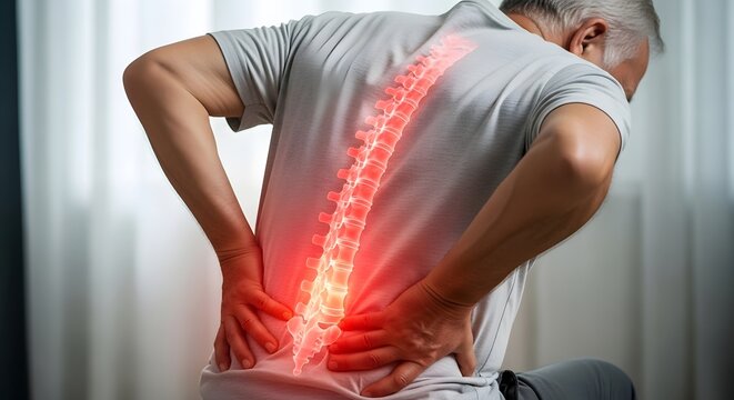Elderly man suffering from back pain, spinal column with arthritis, disc damage and chronic back pain designed for clinical scienc