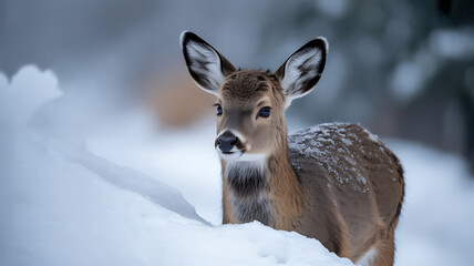 Obraz premium Graceful Fawn in Winter's Embrace A Portrait of Wildlife Amidst a Snowy Landscape