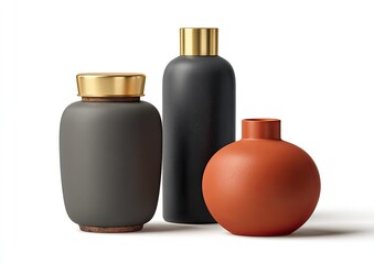Three matte-finish, minimalist containers.  Two dark gray/charcoal and one terracotta orange.  Gold-toned caps.  Studio shot