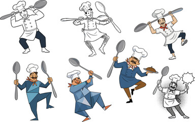 Funny Chef Characters Dancing with Spoons, Playful Cooking Chefs Vector Set, Cartoon Culinary Professionals, Kitchen Humor, Cooking Fun, Food Preparation Illustration