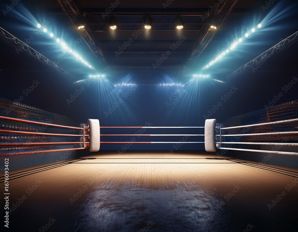 Poster 3d rendering of an empty boxing ring illuminated by spotlights